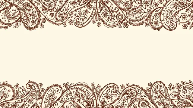 Intricate brown paisley and tiny flower borders run along the top and bottom of a solid cream background