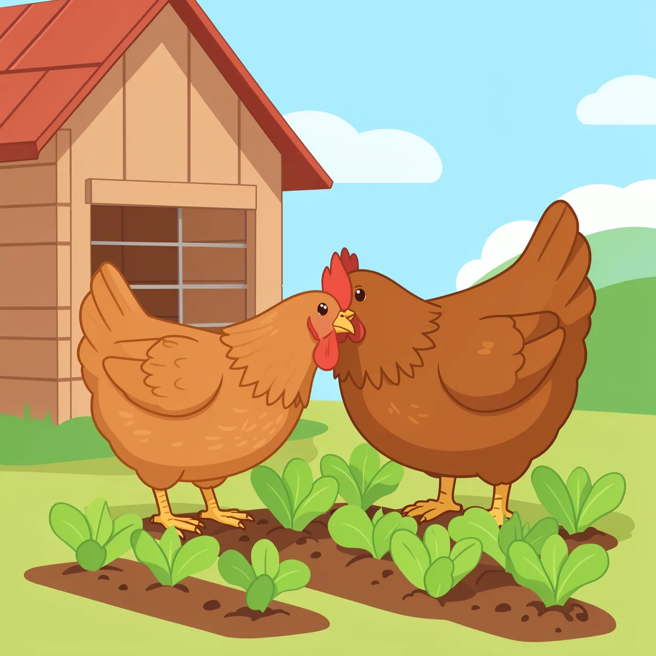 Two cute brown hens stand beside a row of lettuce seedlings next to a wooden chicken coop in spring.