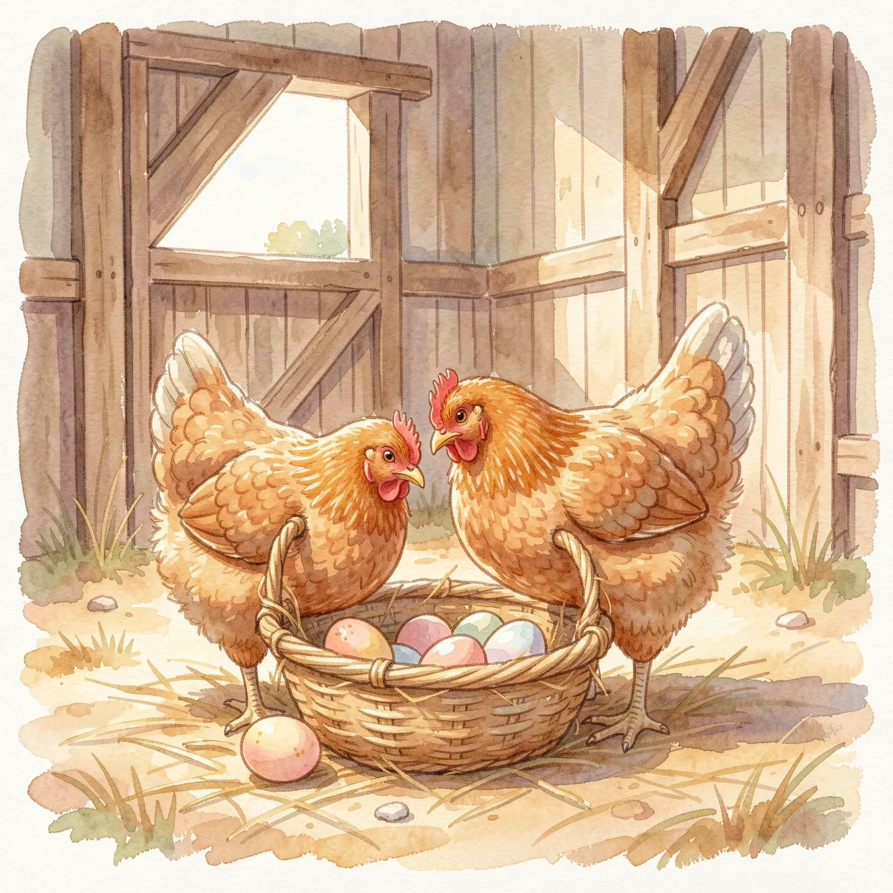 Soft watercolor illustration of two golden hens standing beside a straw basket of colorful eggs inside a sunlit barn
