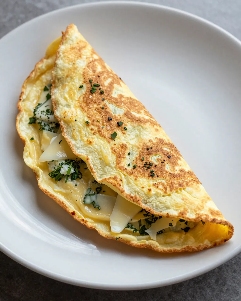 Folded herb and cheese omelette sits on a plain white ceramic plate over a gray countertop