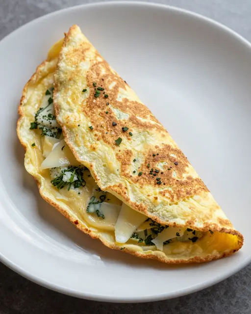 Folded herb and cheese omelette sits on a plain white ceramic plate over a gray countertop