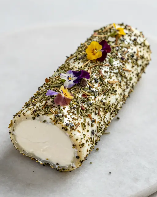 Sliced goat cheese log coated in dried herbs and garnished with edible pansies on a light marble board