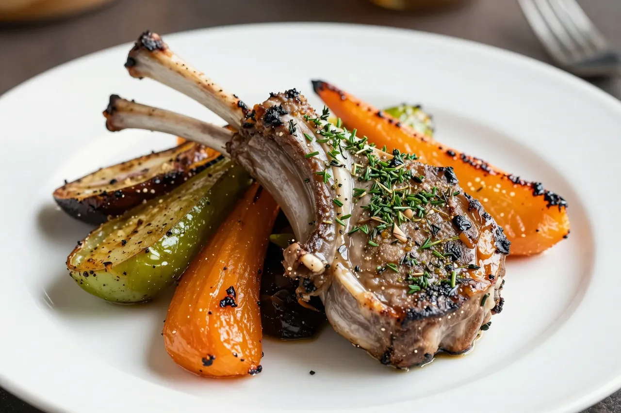A plated herb-crusted rack of lamb served with glossy roasted carrots and vegetables on a white dinner plate.
