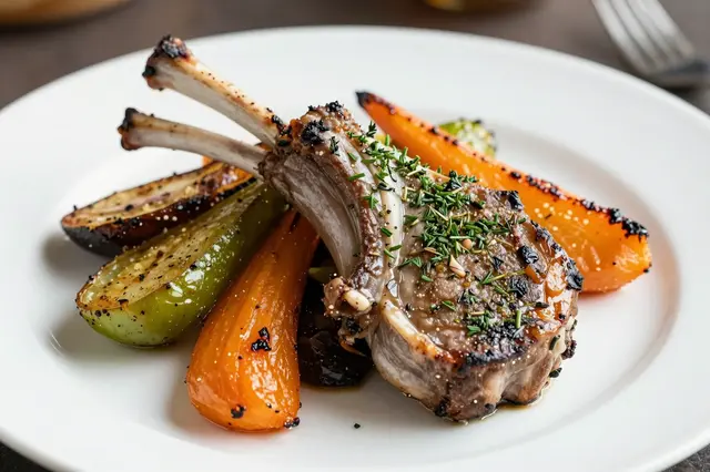 A plated herb-crusted rack of lamb served with glossy roasted carrots and vegetables on a white dinner plate.