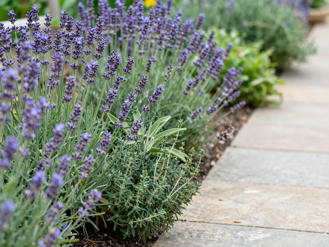 Lavender, sage and thyme grow alongside a paved stone garden walkway