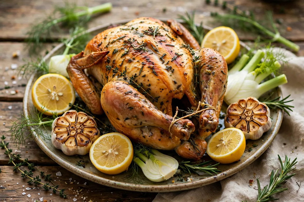 Golden herb roasted chicken on a ceramic platter surrounded by lemon halves, roasted garlic and fennel on a rustic wooden