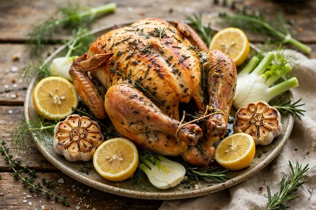 Golden herb roasted chicken on a ceramic platter surrounded by lemon halves, roasted garlic and fennel on a rustic wooden