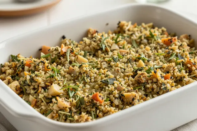 Fresh baked herb and grain stuffing in a white ceramic rectangular baking dish