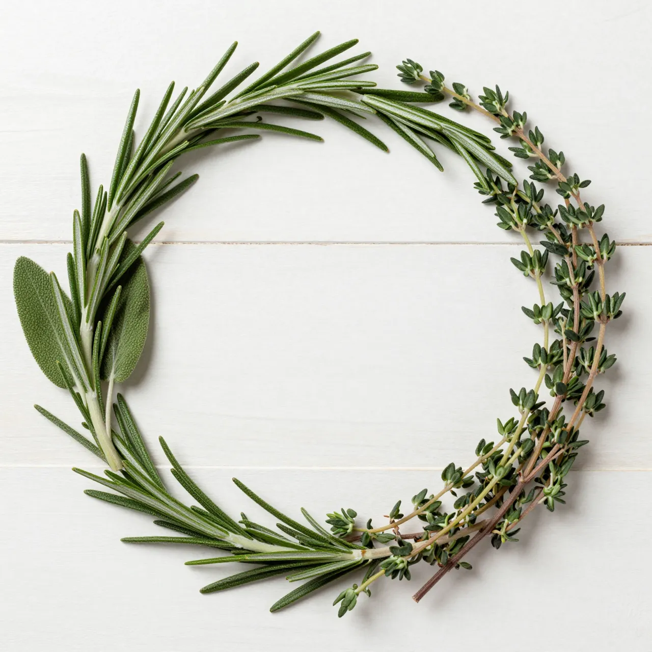 Overhead view of a circular wreath of fresh rosemary, sage and thyme laid on a white wooden board with an empty center.