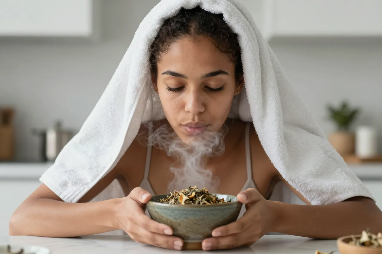 A mixed-race woman with a towel over her head inhaling herbal steam from a ceramic bowl at a kitchen table