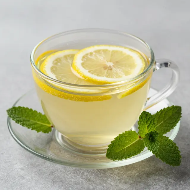 Clear glass cup of herbal tea with floating lemon slices and fresh mint leaves on a glass saucer