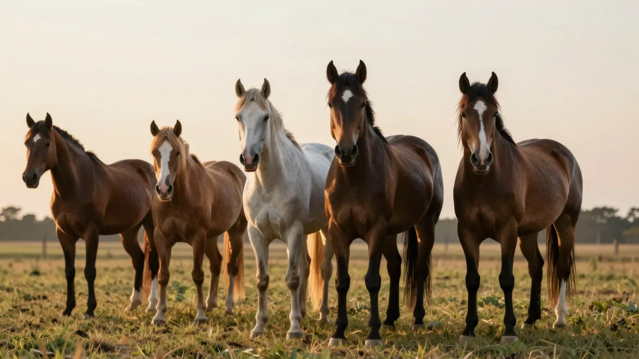 Five horses stand in a grassy pasture facing the camera during warm golden sunset light.