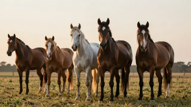 Five horses stand in a grassy pasture facing the camera during warm golden sunset light.