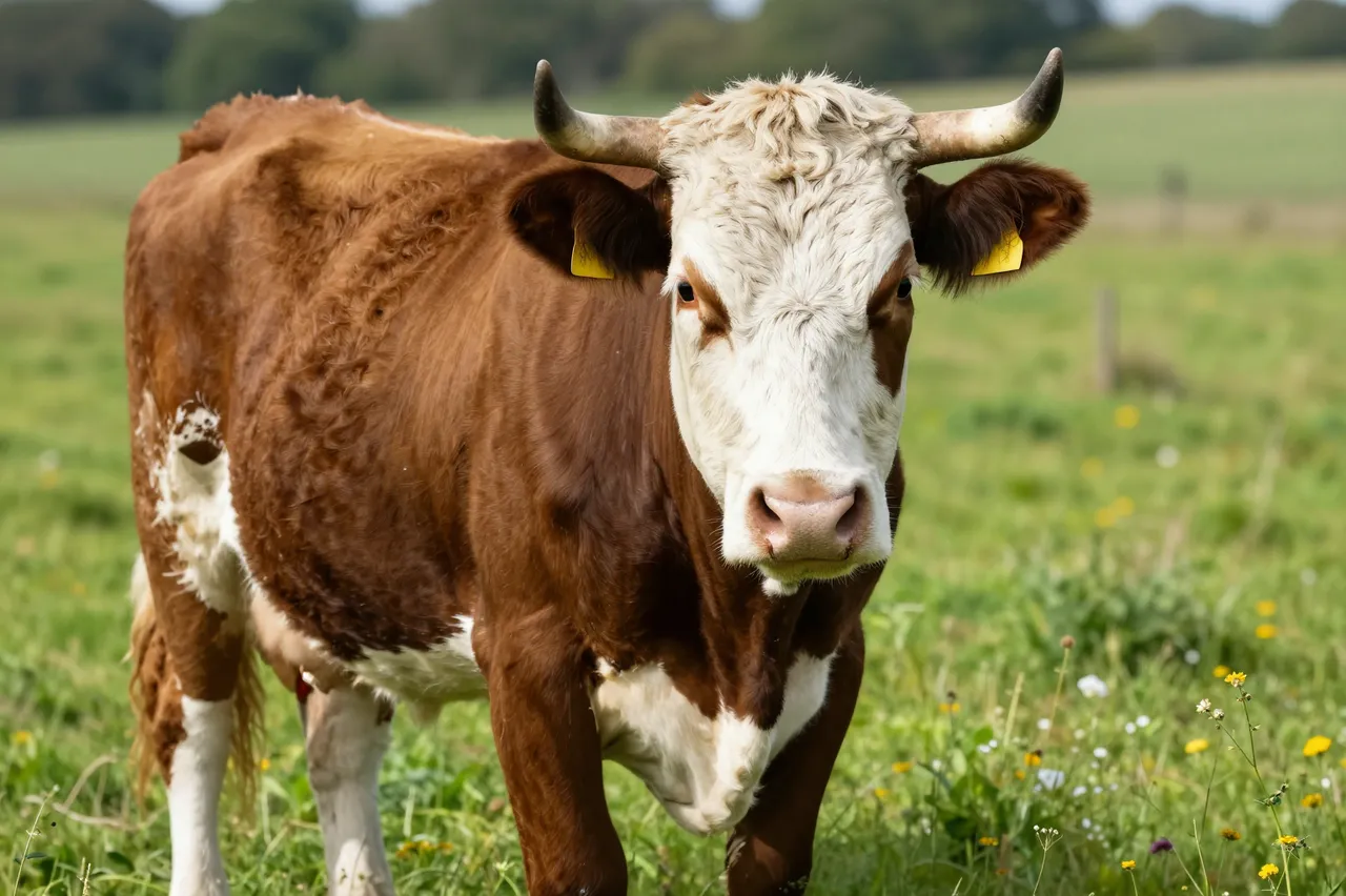 A brown and white horned Hereford cow stands facing the camera in a sunlit green summer pasture.