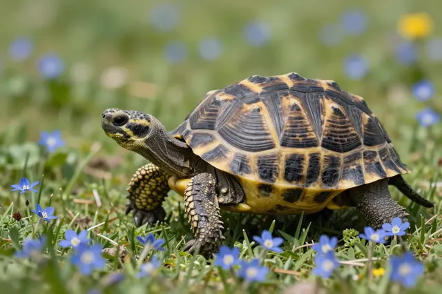 A patterned Hermann's tortoise walks slowly through green grass dotted with tiny blue spring wildflowers.