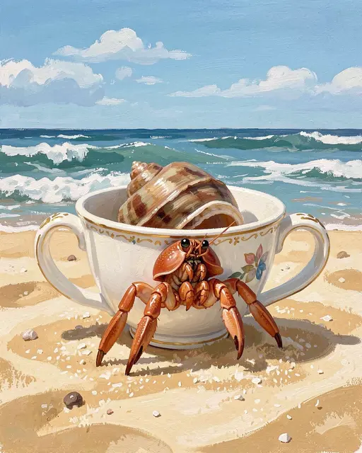 A gouache painted hermit crab beside a decorative teacup resting on a sandy ocean shore.