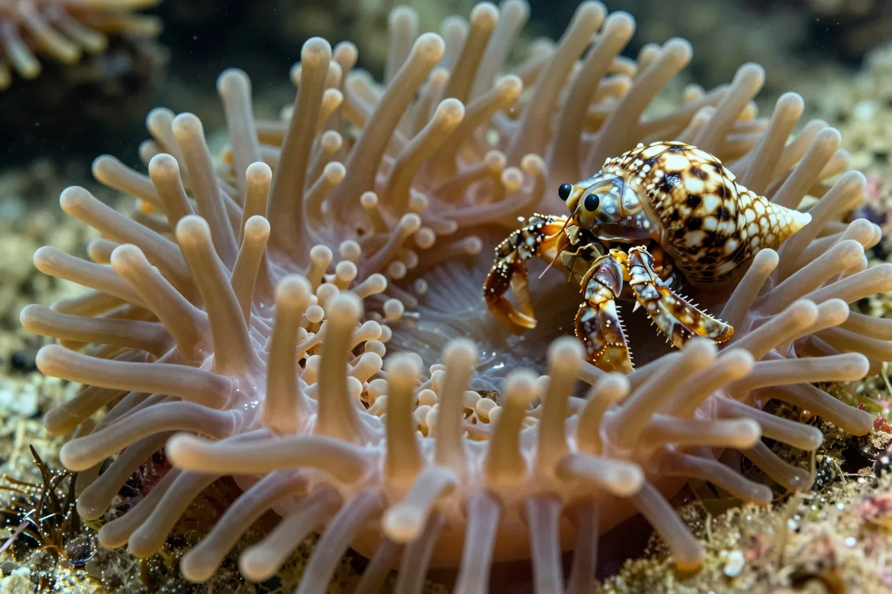 A patterned hermit crab rests among the tentacles of a large tide pool sea anemone.