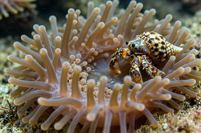 A patterned hermit crab rests among the tentacles of a large tide pool sea anemone.
