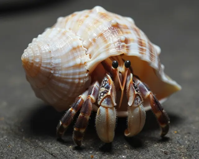 A close-up of a hermit crab emerging from its patterned spiral seashell onto a dark textured surface.