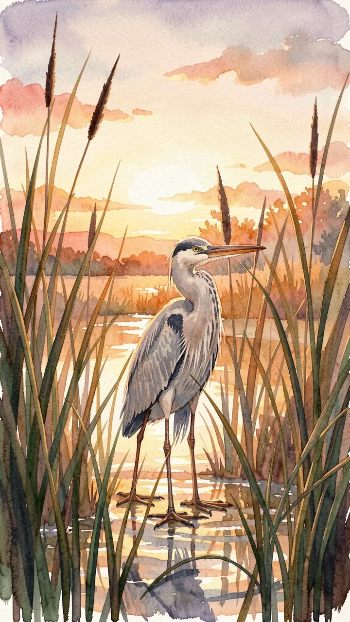 Watercolor painting of a heron standing in shallow wetland reeds at warm sunrise