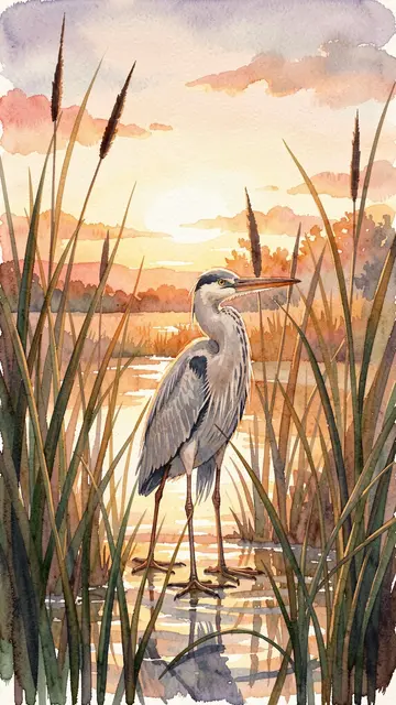Watercolor painting of a heron standing in shallow wetland reeds at warm sunrise