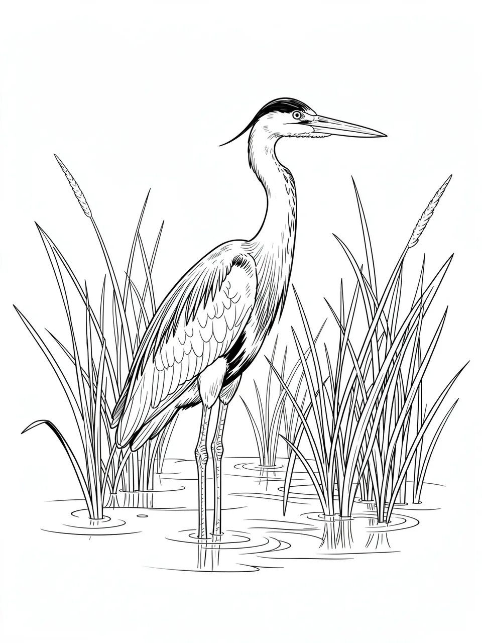 Fine black line art of a heron standing in shallow water among tall reeds on a white background