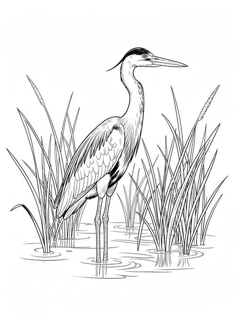 Fine black line art of a heron standing in shallow water among tall reeds on a white background