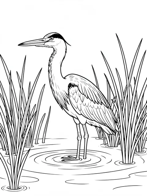 Black and white line art of a wading heron standing in shallow water among reeds, formatted as a coloring page