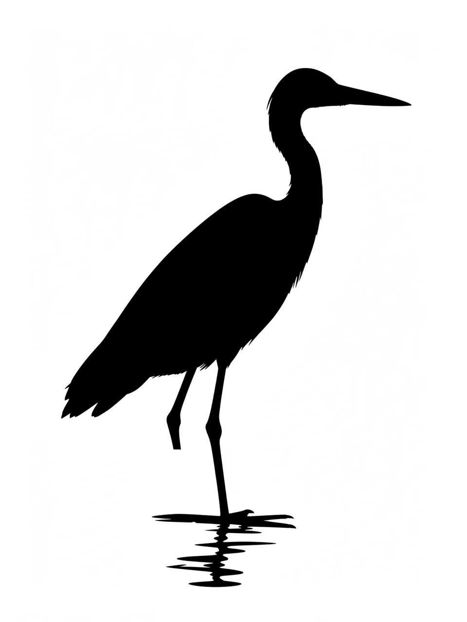 Solid black heron silhouette standing in shallow water against a plain white background