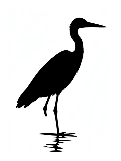Solid black heron silhouette standing in shallow water against a plain white background
