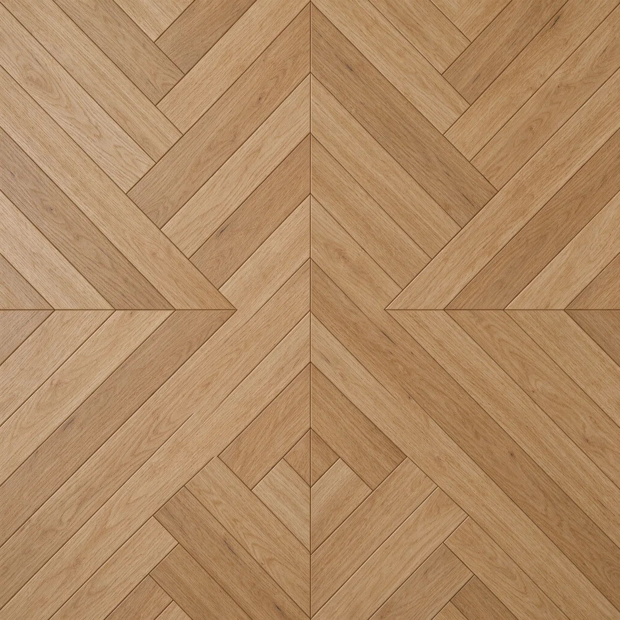 Full frame top-down view of a symmetrical light oak herringbone parquet floor pattern.