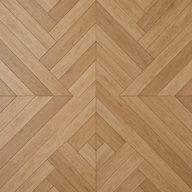 Full frame top-down view of a symmetrical light oak herringbone parquet floor pattern.