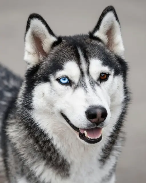 Close-up portrait of a Siberian husky with one bright blue eye and one warm brown eye looking at the camera