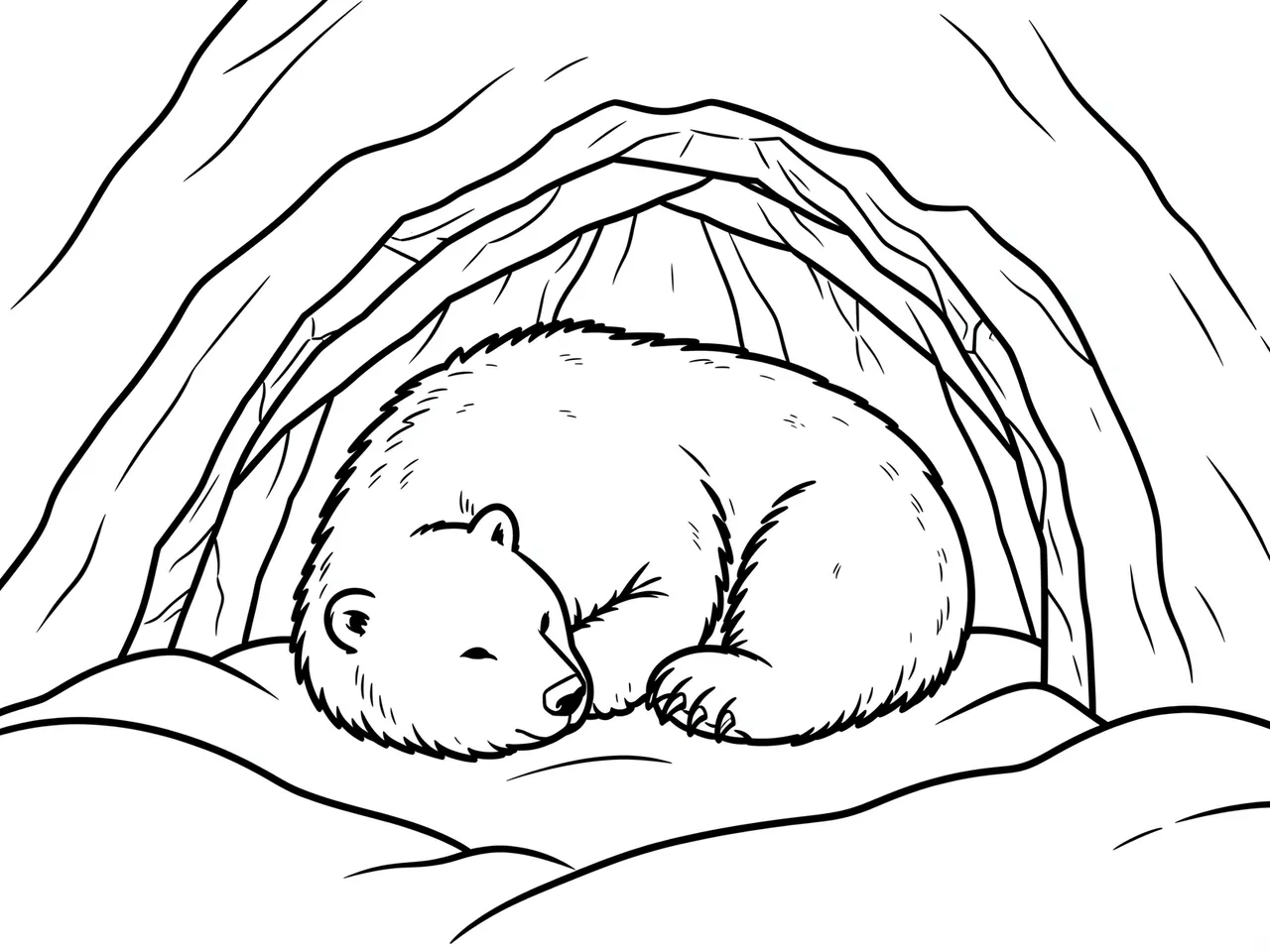 Black and white line art of a peacefully sleeping hibernating bear curled up inside a cozy snowy den