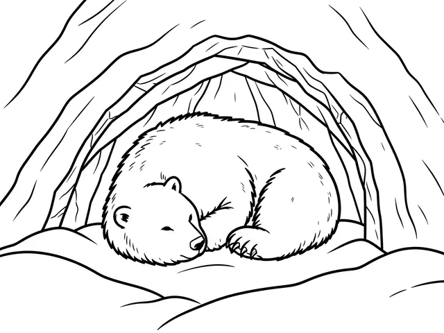 Black and white line art of a peacefully sleeping hibernating bear curled up inside a cozy snowy den