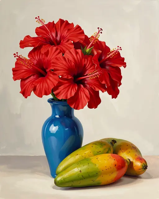 A painted still life shows red hibiscus blooms in a blue vase next to ripe mangoes on a light tabletop
