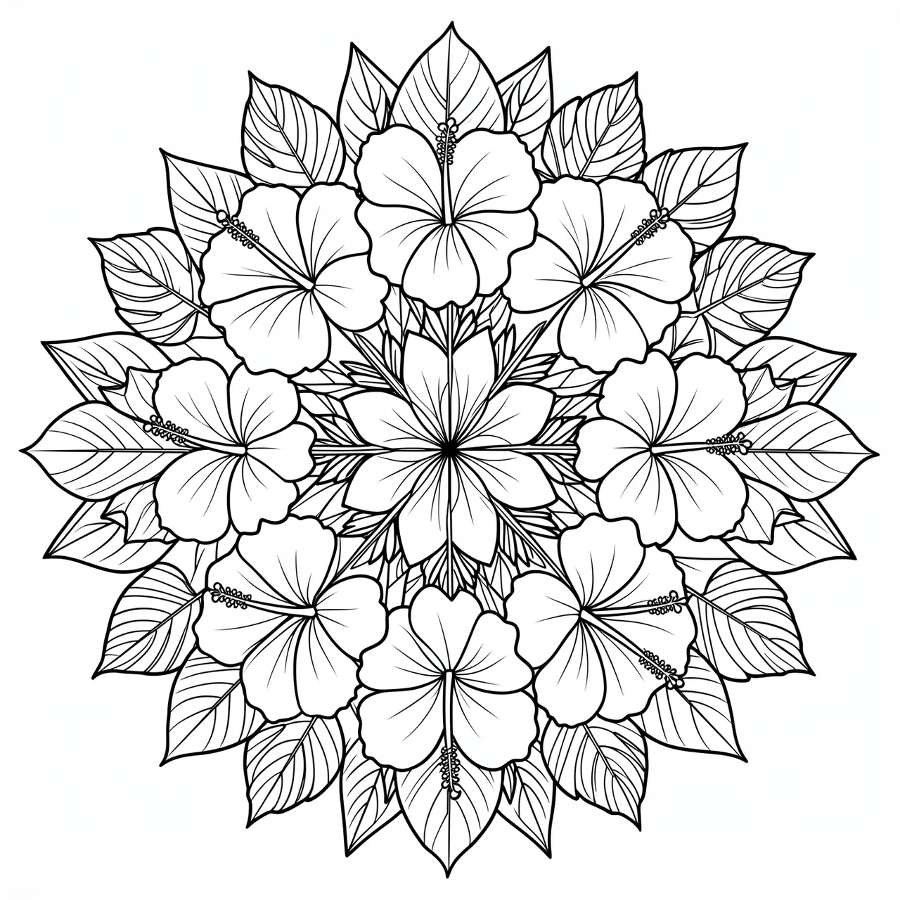 Symmetrical black and white line art mandala of hibiscus flowers and tropical leaves on a plain white background