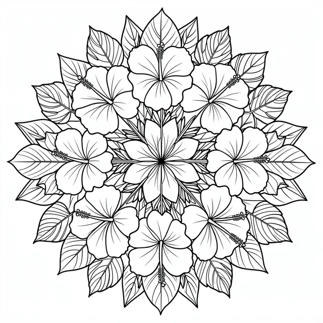 Symmetrical black and white line art mandala of hibiscus flowers and tropical leaves on a plain white background