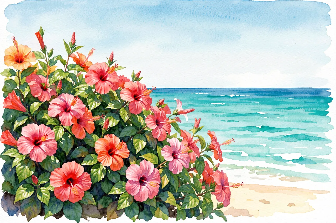 Watercolor of a flowering hibiscus hedge along a sunny turquoise ocean shoreline