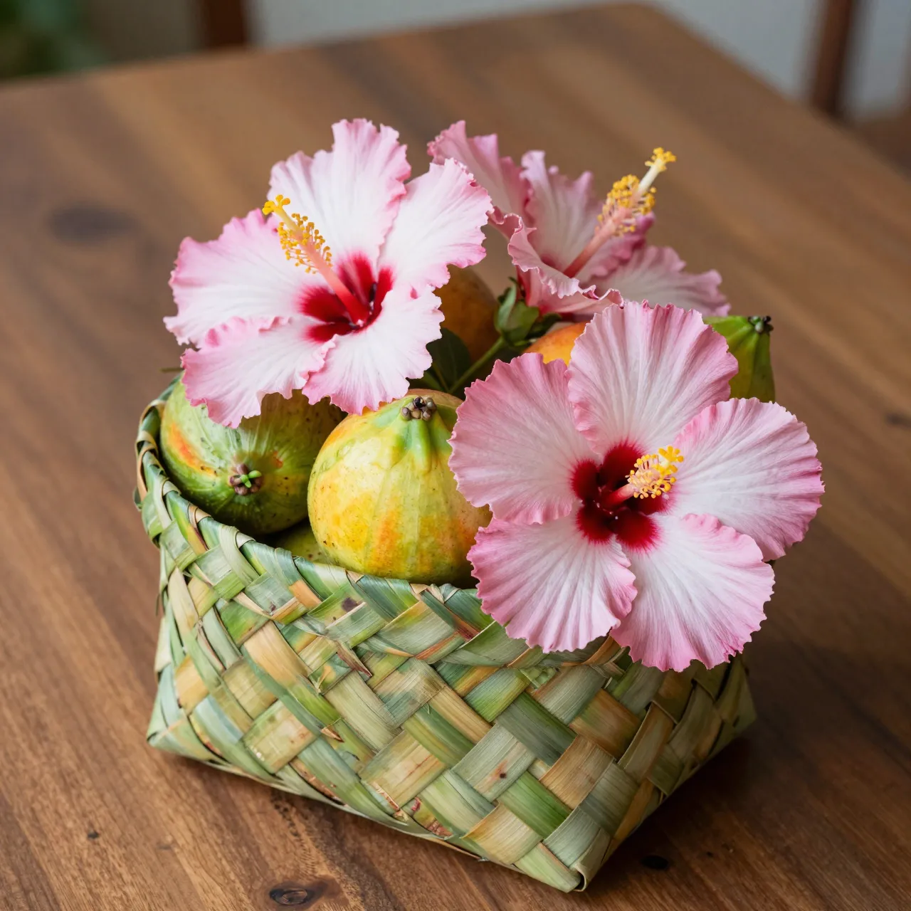 Pink hibiscus flowers rest atop tropical fruit in a woven palm leaf basket on a wooden table