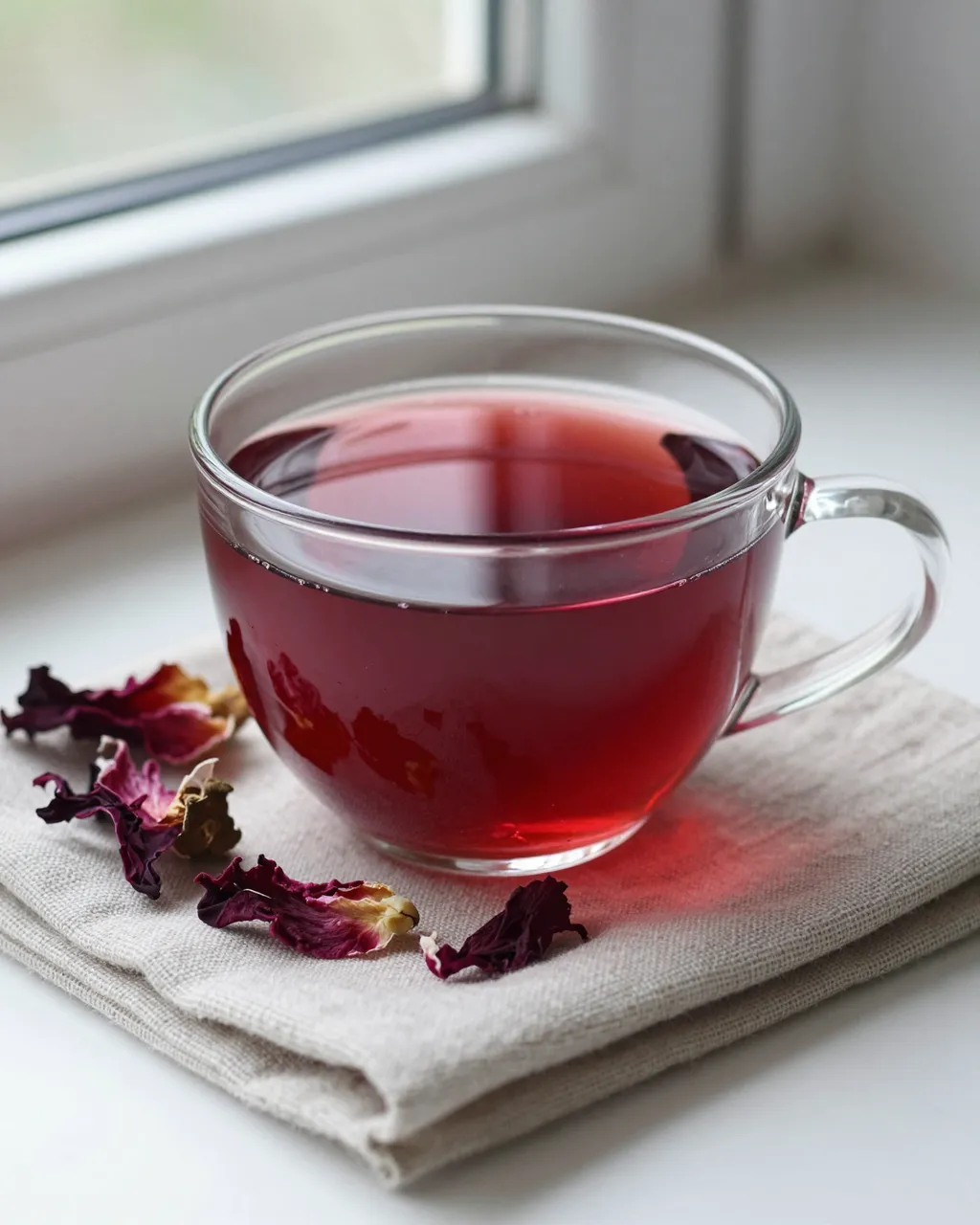 A glass cup of deep red hibiscus tea sits on a linen napkin next to dried petals by a bright window.