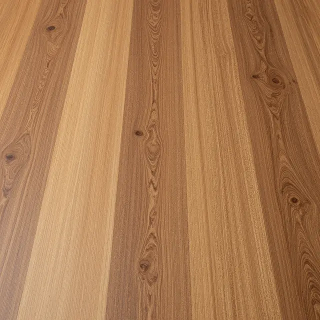 Full frame close-up of vertical hickory wood grain with contrasting light and dark strips and natural knots