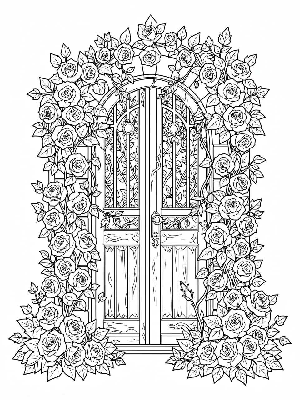 Intricate black and white line art of an arched garden door framed by climbing roses and ivy on a plain white background