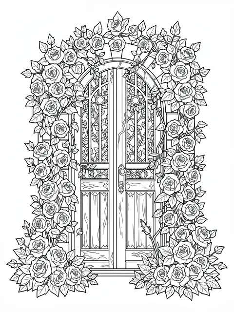 Intricate black and white line art of an arched garden door framed by climbing roses and ivy on a plain white background