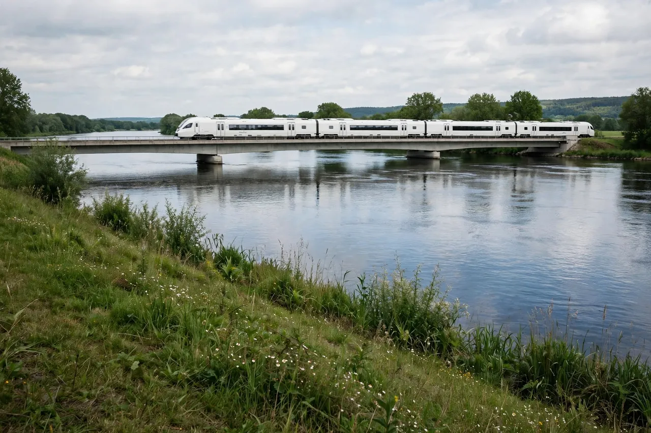 A white modern passenger train travels across a concrete bridge over a wide calm river from a grassy bank