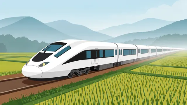 White high-speed train travels along tracks between rice paddies with misty rolling hills in the background