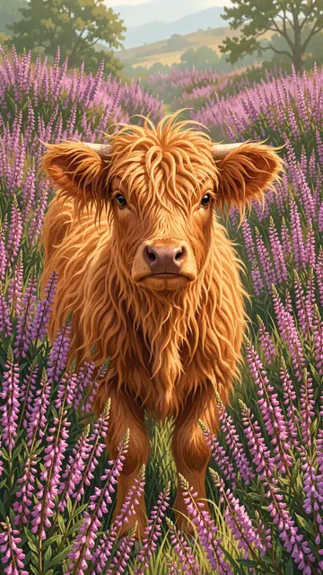 Fluffy golden highland calf stands facing the camera surrounded by tall purple heather with rolling hills in the distance