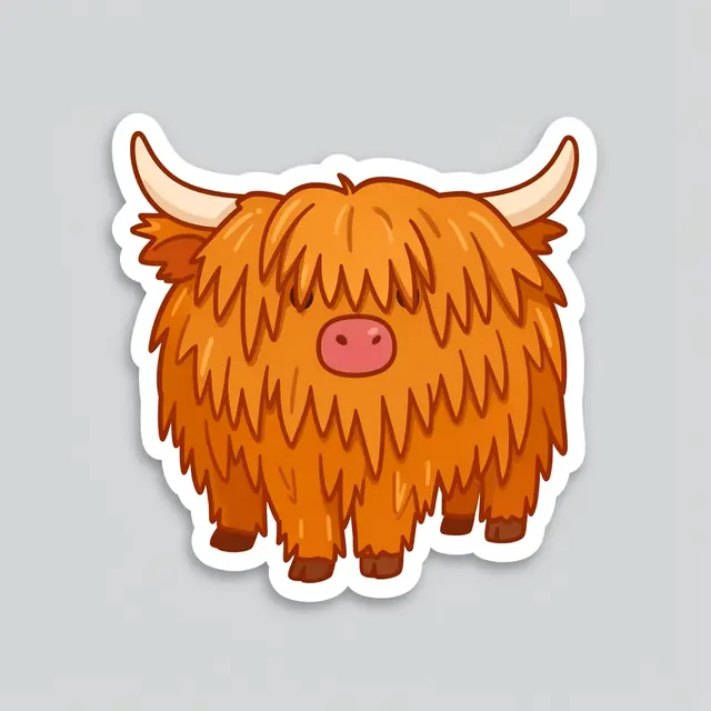 Cute flat illustration of a fluffy highland cow die-cut sticker with a white border on a light gray background