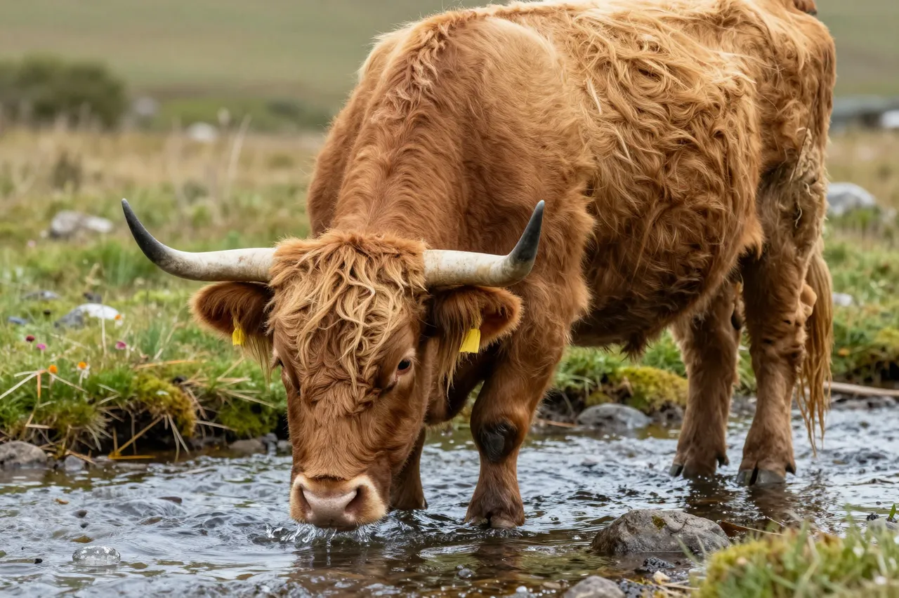 A shaggy brown highland cow stands in shallow stream water drinking from the current