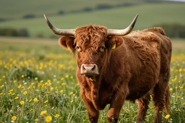 A shaggy red highland cow stands in a sunlit summer meadow full of yellow buttercups.
